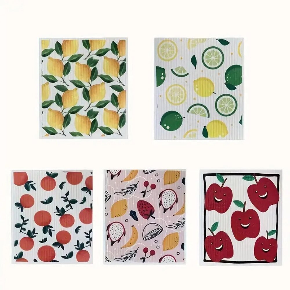 NEW Set of 5 Swedish Dishcloths - Citrus & Fruit, Reusable Sponge Sustainable